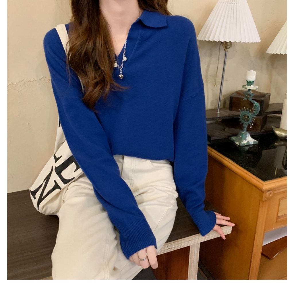 Áo ZHELIHANGFEI dệt kim tay dài cổ polo dáng rộng phong cách Nhật Bản dễ phối đồ cho nữ