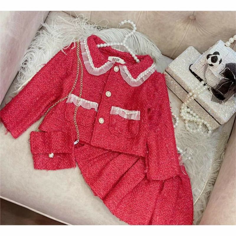 Sét váy dạ đỏ cho bé