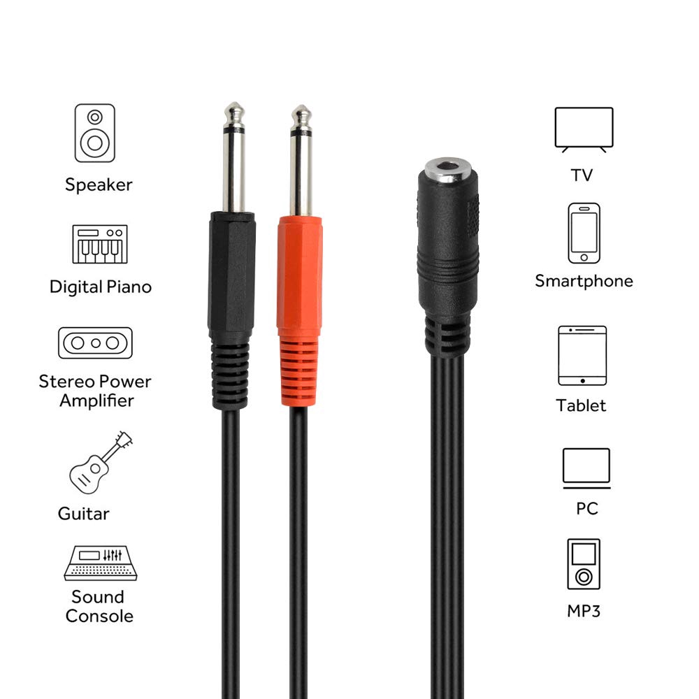 Dây cáp chia cổng stereo TRS 3.5mm mini 1/8" sang 2 hai chui cắm mono 1/4 Inch 6.35mm dài 150mm 35FM-2x635M