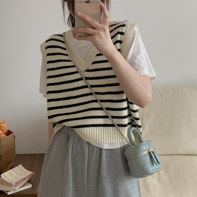 Áo Len Không Tay Cổ Chữ V Họa Tiết Kẻ Sọc Thời Trang Mùa Thu Phong Cách Retro