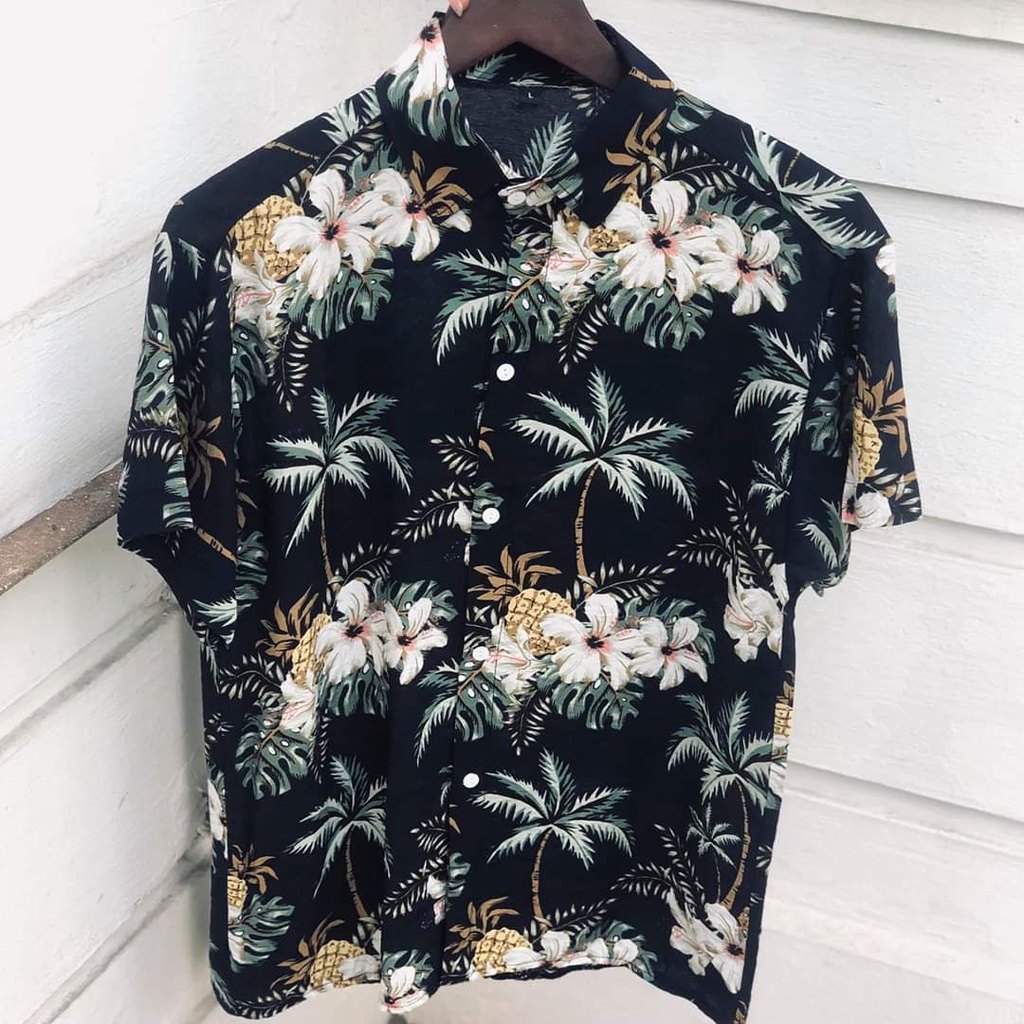 Áo sơ mi Hawaii đi biển mùa hè thơm dừa đen chất đũi cao cấp
