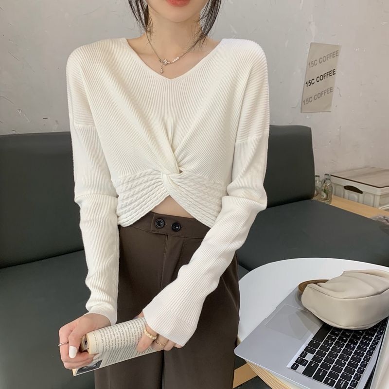 Áo sweater ZHELIHANGFEI tay dài cổ chữ V eo cao quyến rũ dễ phối đồ