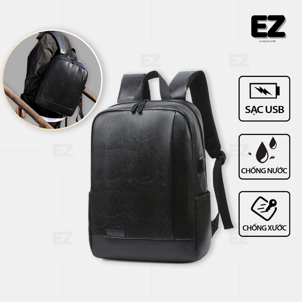 Balo da basic đựng laptop 15.6 inch BLU03 có cổng sạc USB, Ba lô đi học đẹp thời trang vải PU chống nước