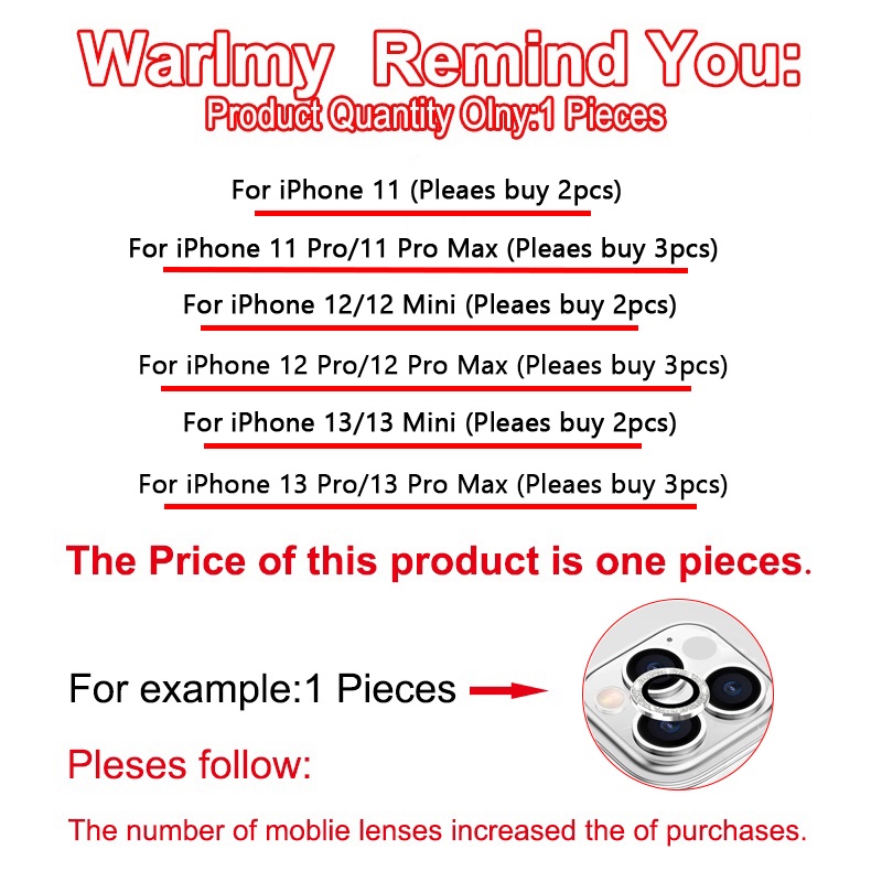 Miếng dán đính đá bảo vệ ống kính camera cho iPhone 13 Pro Max / 11 Pro / 12 Pro Max / 13 Mini