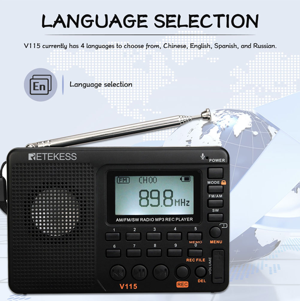  V115 Radio AM FM SW Radio bỏ túi FM sóng ngắn Hỗ trợ thẻ TF Máy ghi âm USB Thời gian ngủ