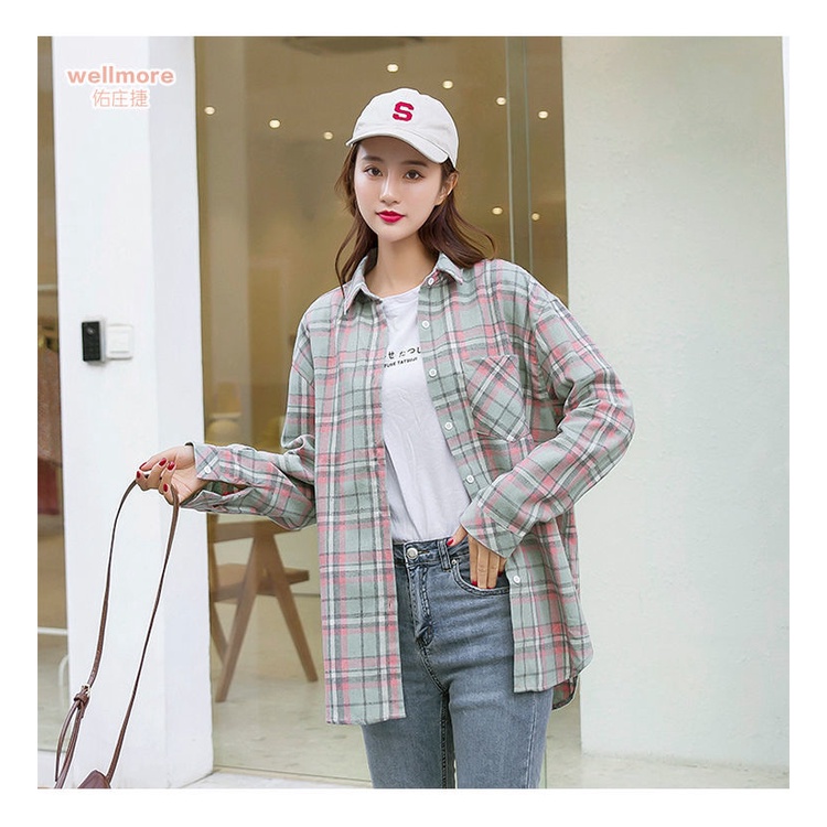 Áo sơ mi dài tay dáng rộng kẻ sọc caro phong cách Hàn Quốc thời trang mới cho nữ