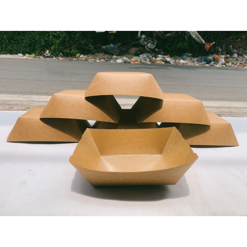 Khay giấy Kraft xuồng đựng thức ăn, khoai tây chiên, cá viên, thức ăn nhanh tiện lợi