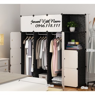 Tủ nhựa lắp ghép đa năng 16 ô size to sâu 47,màu đen, cửa trắng,3 treo, 2 xéo  - Bảo hành 1 năm