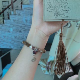 Vòng tay Trầm Hương mix đá Tourmaline móc treo charm Sen