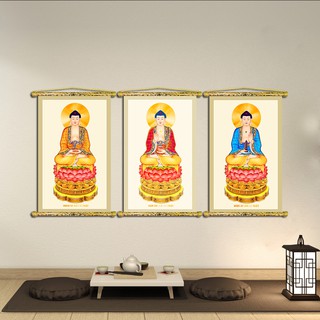 Tranh Liễn Phật Giáo - Bộ 3 Tranh Tam Thế Phật – Vải canvas cao cấp nẹp sáo gỗ tự nhiên,  nhiều size  -giá xưởng