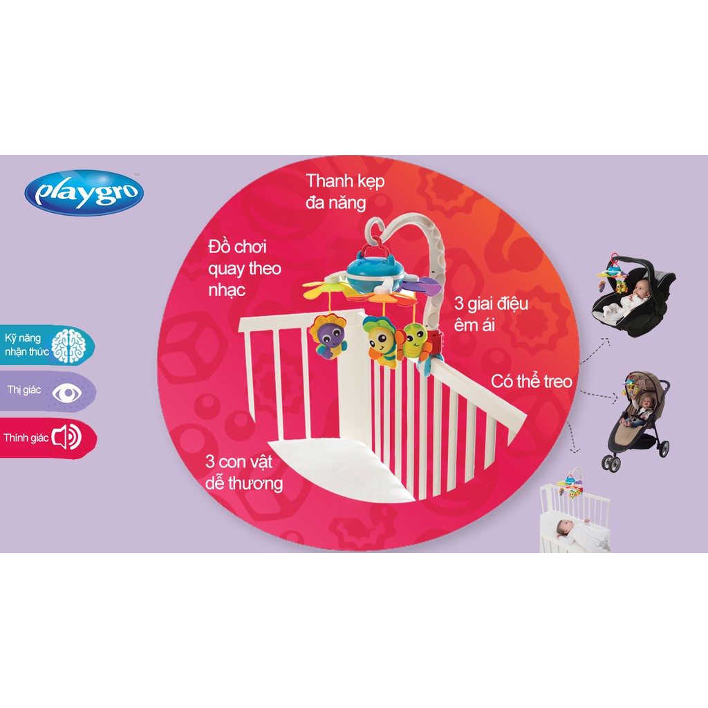 Đồ chơi treo nôi và xe đẩy phát nhạc Travel Mobile Playgro, cho bé sơ sinh đến 5 tháng