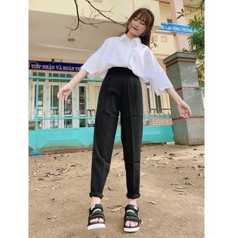 Quần tây baggy đi học nữ có đai lưng cao màu xanh đen dáng dài vải mềm trơn - Quần vải nữ công sở cạp ống đứng mặc sinh