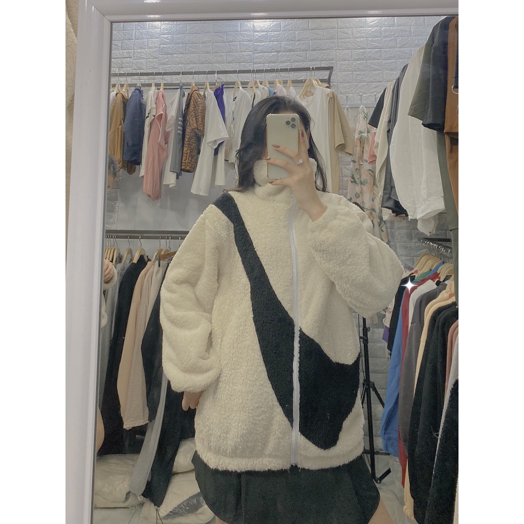 Áo Lông Mềm Mịn Dáng Rộng Phong Cách Ulzzang Áo Lông 2 Màu Đen Trắng