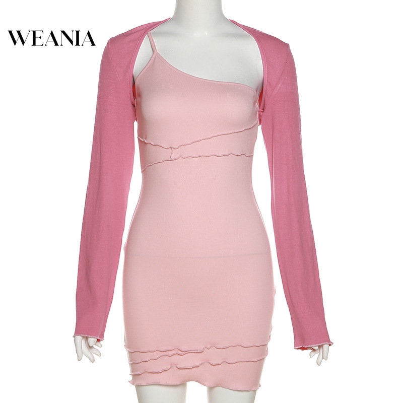 Set Đầm Trễ Vai Phối Bèo + Áo Tay Dài 2 Mảnh Phong Cách Hàn Quốc