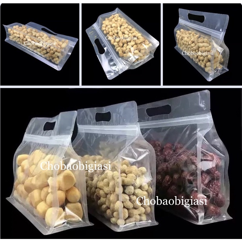 Túi zipper 8 cạnh trong quai xách form ngang đựng bánh, trái cây, ngũ cố ...