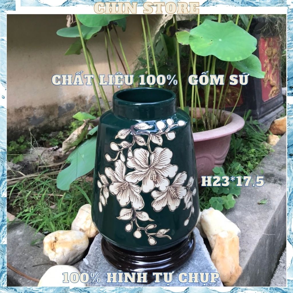 Bình hoa decor, lọ hoa decor gốm sứ BÁT TRÀNG họa tiết hoa vẽ bằng tay cổ ngắn nhiều mẫu 23*17 cm