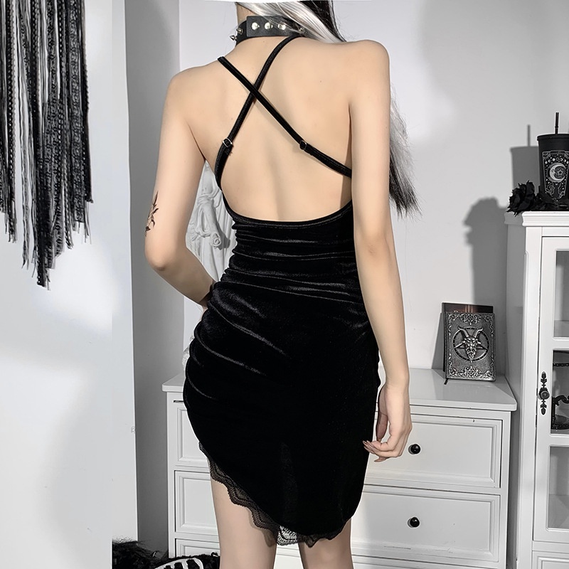 DUNEA Đầm Nhung Cổ Chữ V Phối Ren Quyến Rũ Thời Trang Dành Cho Nữ