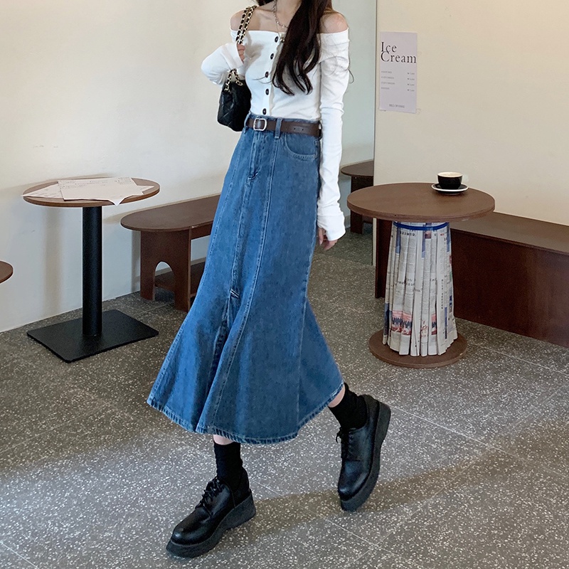 Chân váy jean kiểu dáng đuôi cá lưng cao thời trang cho nữ 45218