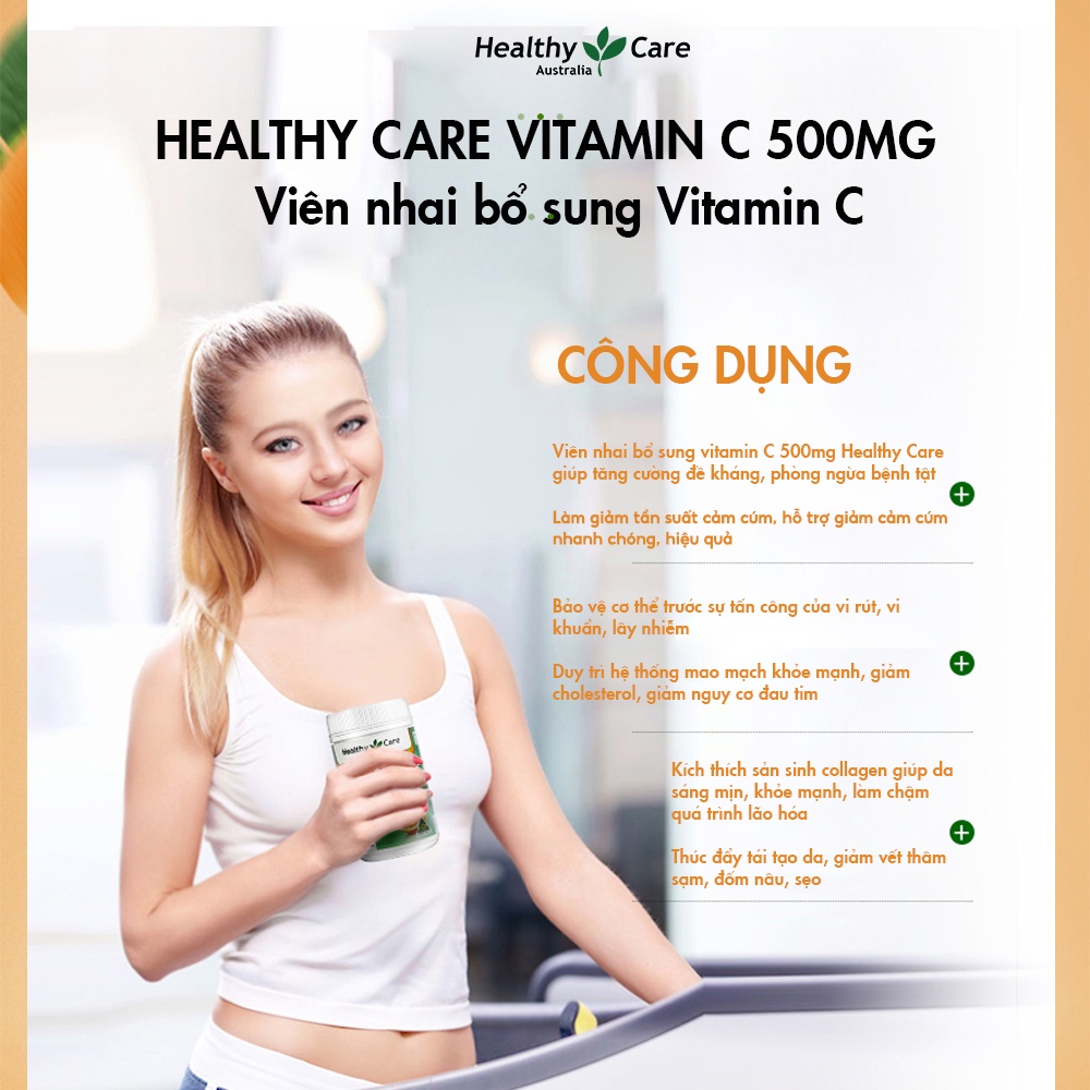 Viên Nhai Vitamin C Heathy Care 500mg, Viên Tăng Cường Sức Đề Kháng 500 Viên