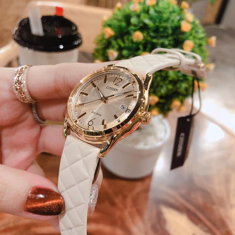 Đồng hồ nữ chính hãng Citizen FE6082-08P - Máy Quartz Pin Eco Drive năng lượng mặt trời - dây da màu trắng kem