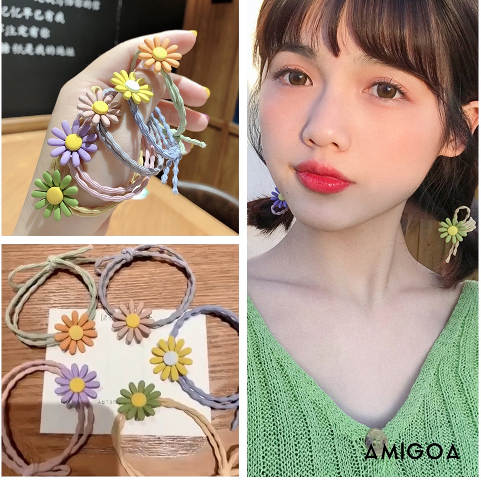 Dây Buộc Tóc Cao Su Co Giãn Màu Sắc Cầu Vồng Họa Tiết Hoa Cúc Xinh Xắn Cho Bé Gái