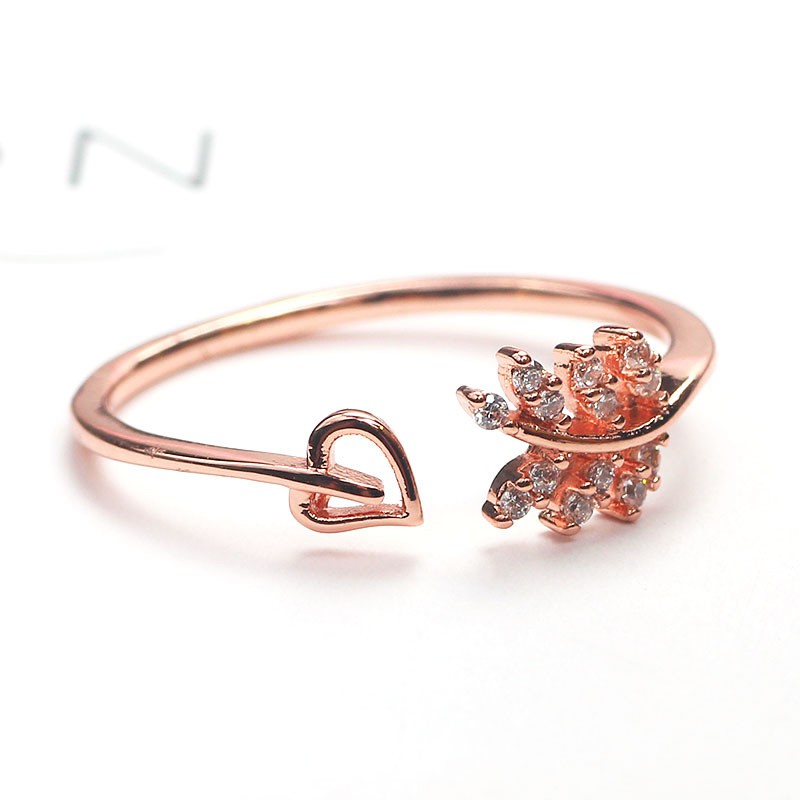 Nhẫn lá ô liu đính đá Zircon kết hợp trái tim Freesize cho nữ dễ thương phong cách Hàn Quốc J691