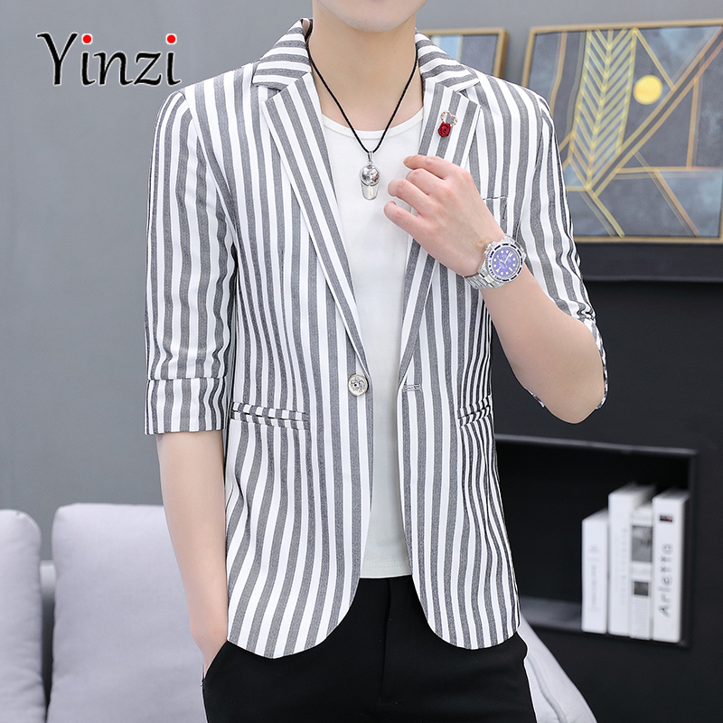 Bộ Com Lê Nam, Áo Blazer Bộ Com Lê 3/4 Mỏng Kẻ Sọc Hàn Quốc Mùa Xuân Hè