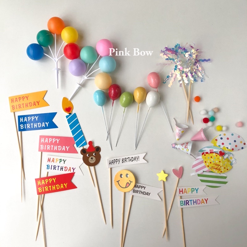 Topper trang trí bánh sinh nhật Happy birthday/Nến/Gấu/Mặt cười/Tim/Sao/Bóng/Kim tuyến