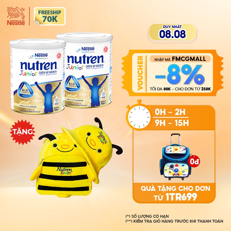 [Tặng 1 balo và nón con ong] Combo 2 lon sữa bột Nutren Junior 850g