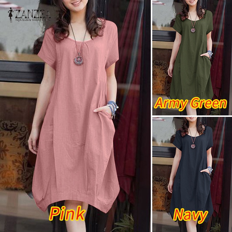 Đầm midi Zanzea tay ngắn cổ tròn phong cách hàn quốc đơn giản thời trang cho nữ