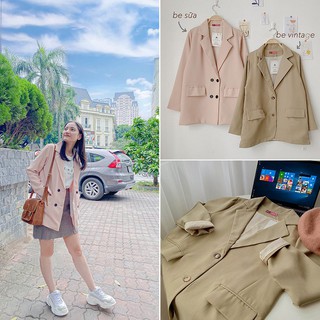 Áo Blazer 2 lớp FREE SIZE túi nắp - Chất vải Vitex Hàn - Đủ màu Đen/ Kem/ Nâu Tây/ Kẻ Nâu - Chuẩn Style ULZZANG