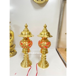 Đôi đèn thờ bằng đồng họa tiết long phụng rồng phượng cao40cm.