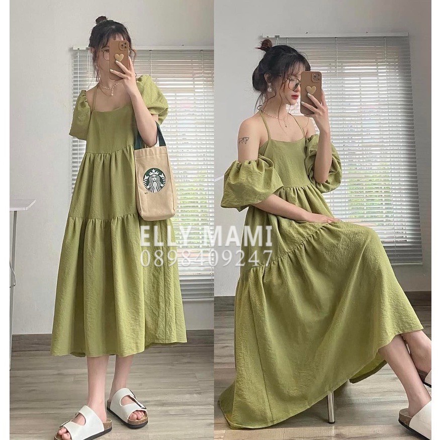 ( 40kg - 65kg ) Đầm Bầu ,Suông Babydoll 2 Dây Cột Nơ Tay Phồng Mặc Thoải Mái Suốt Thai Kì &amp; Sau Sinh Thiết Kế Cao Cấp