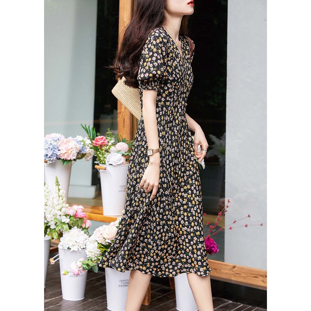 Đầm Tay Phồng Dáng Ôm In Họa Tiết Hoa Thời Trang Mùa Hè Hàng Mới Dành Cho Bạn Nữ