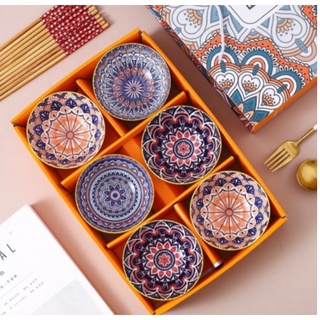 Bộ bát sứ chén đũa họa tiết thổ cẩm sang trọng 6 bát 6 đôi đũa Nhật Bản