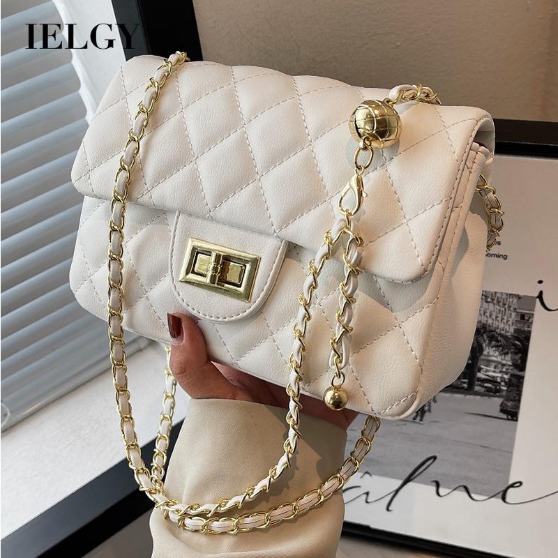 Túi đeo vai IELGY màu trơn họa tiết hình thoi phối dây chuỗi mắt xích thời trang dành cho nữ