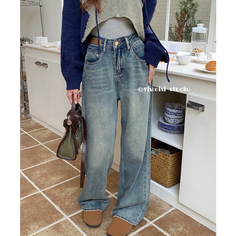 Quần Jean Dài Dáng Rộng Ống Suông Phong Cách Retro Thời Trang Dành Cho Nữ