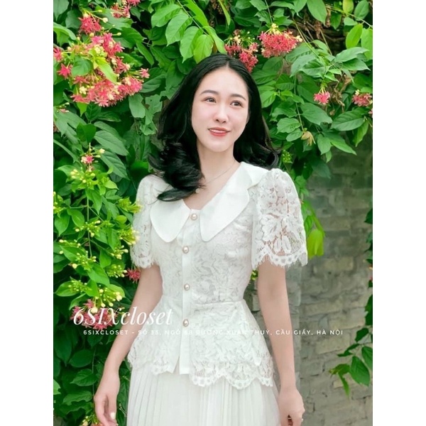 SET ÁO TRẮNG CỔ SEN VIỀN REN + CHÂN VÁY MIDI DẬP LY