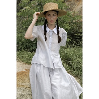 Set áo somi tay ngắn kèm chân váy The Country Aster Set vải linen xám tro