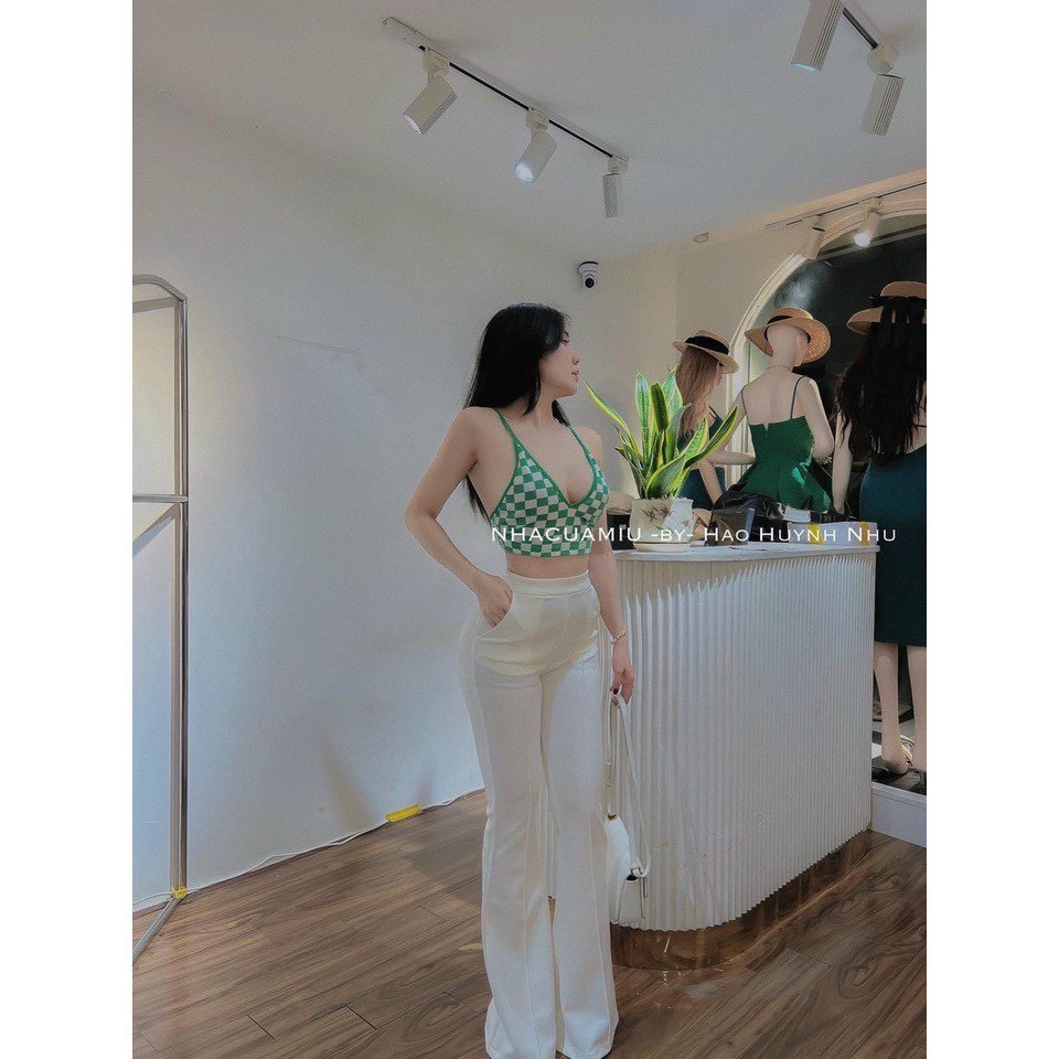 Áo thun 2 dây cổ tim croptop caro xinh chất thun tăm đẹp