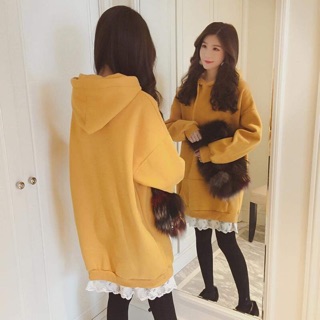 Hoodie dài phối vạt ren