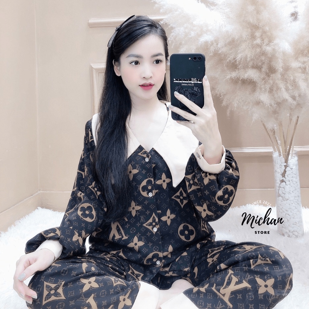 Bộ ngủ nữ,đồ bộ pyjama lụa mango cổ sen họa tiết lv nâu