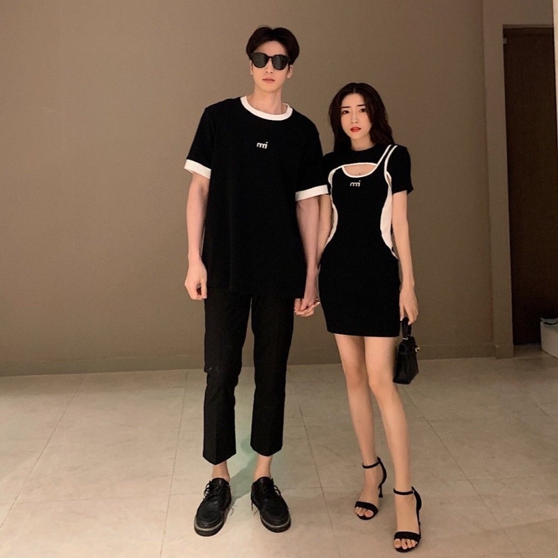 Sét đồ đôi nam và nữ 2 màu đen và be váy ôm body kết hợp áo phông nam