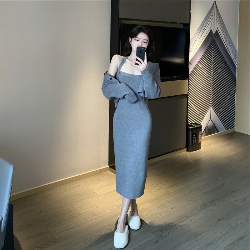 Đầm dệt kim hai dây nhiều màu thời trang Pháp thịnh hành cho nữ