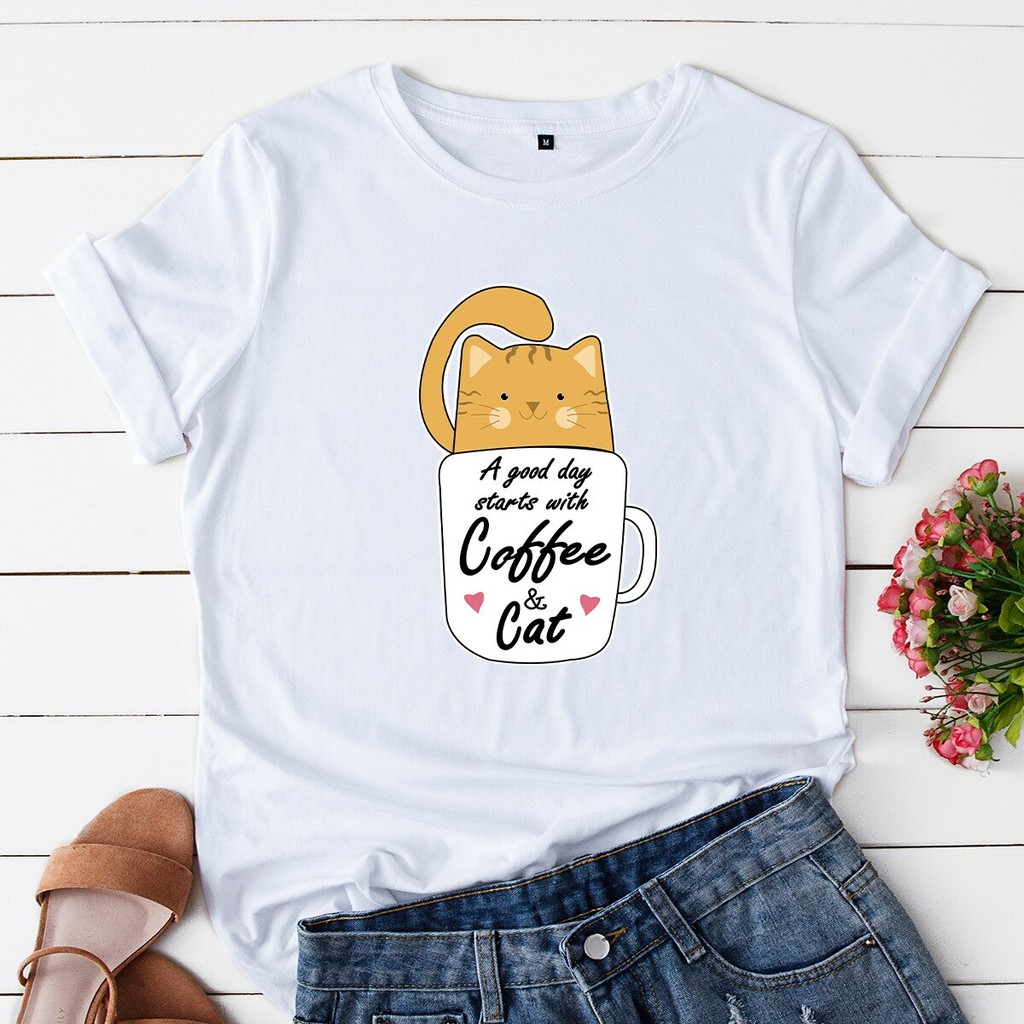 Áo thun phông nam nữ form rộng Familylove - Mẫu áo Unisex Chú mèo A Good Day with Coffee Cat chất Cotton 100% cao cấp