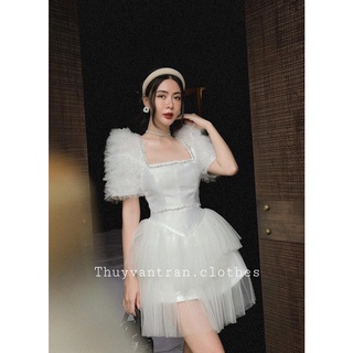 VÁY TRẮNG XÒE PHỐI LƯỚI TẦNG CỔ VUÔNG 070922