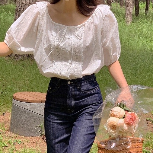 Áo kiểu SUXI tay ngắn cổ tròn dáng rộng phong cách Hàn Quốc thời trang mùa hè ngọt ngào xinh xắn cho nữ