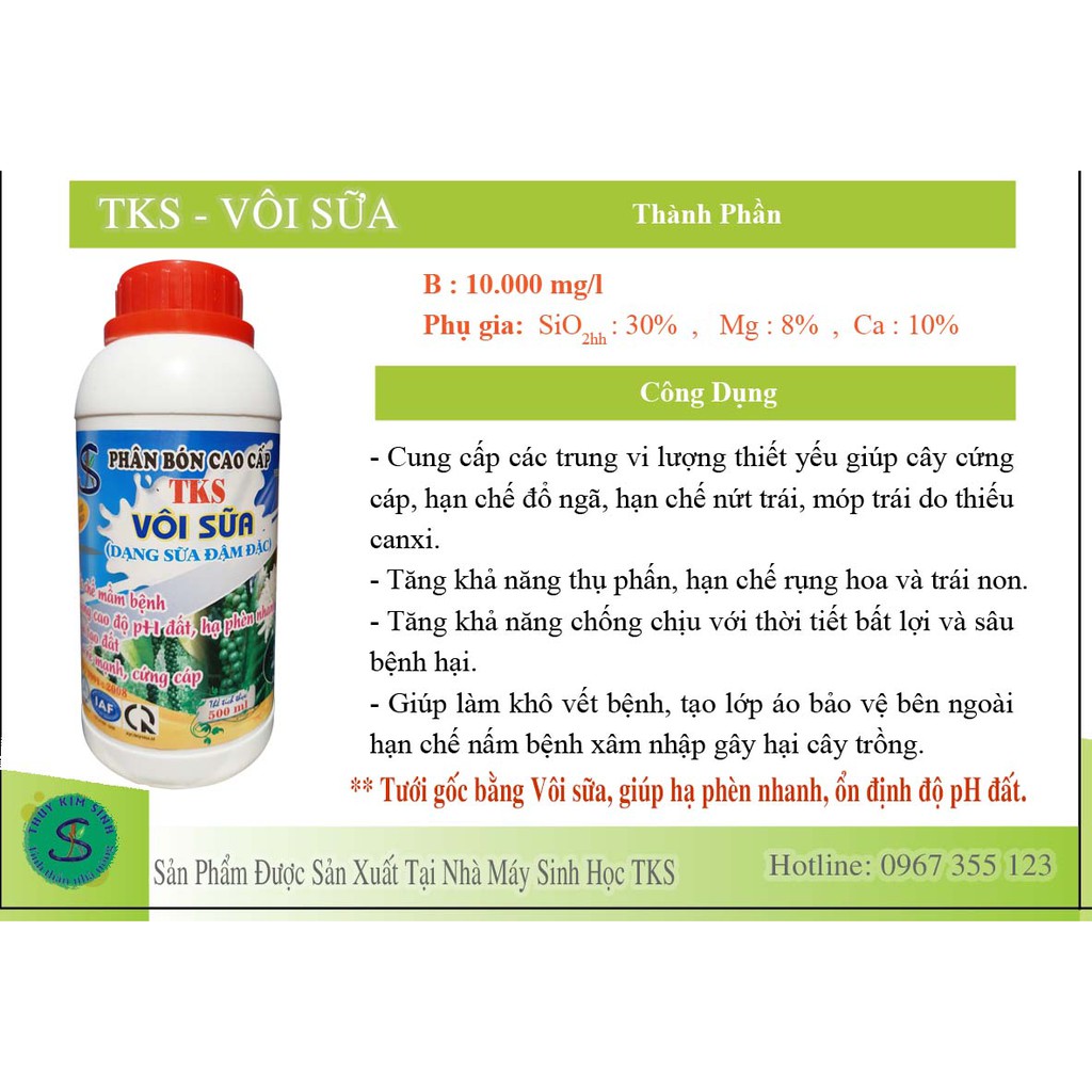 TKS - VÔI SỮA: Ổn Định pH Đất,  Hạ Phèn Nhanh, Kháng Khuẩn, Làm Lành Vết Bệnh - Chai 500ml