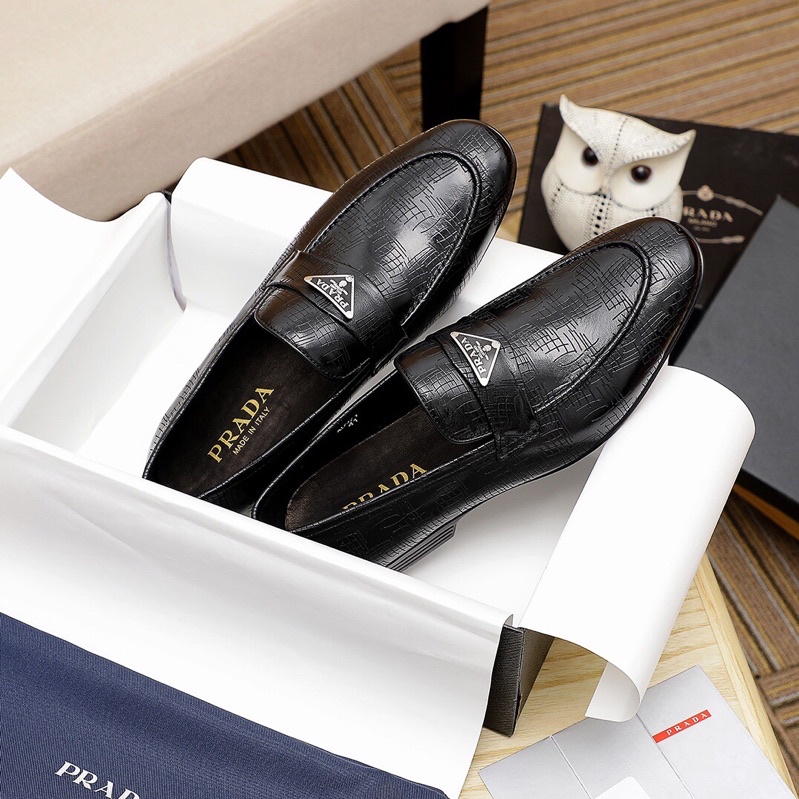 Giày tây lười công sở da thật logo thương hiệu Prada cao cấp cho nam
