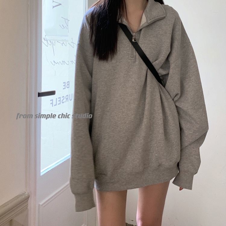 Áo Hoodie Lửng Dáng Rộng Cổ Rùa Màu Sắc Đơn Giản Phong Cách Hàn Quốc Dành Cho Nữ